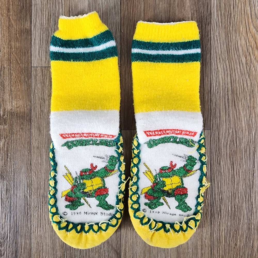 Vintage 1990 TMNT Raphael Slipper Socks Kids XL 11-12 Mirage Studios Yellow
